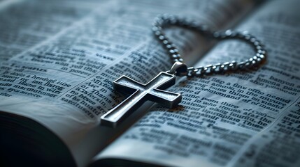 Silver Cross Necklace Resting on Open Bible Illuminated by Soft Light