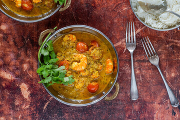 Keralan style prawn, tomato and coconut curry with rice