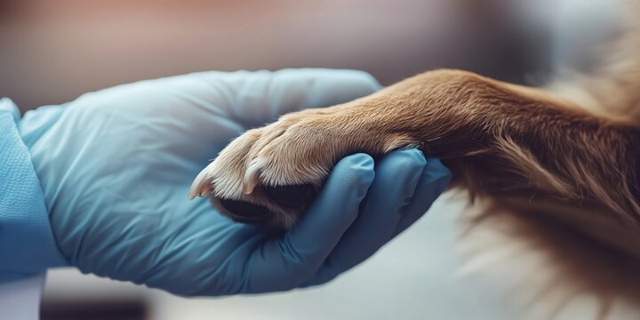 Close-up of veterinarian holding dog's paw with glove