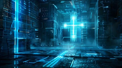 Fototapeta premium Futuristic Glowing Holographic Cross in High Tech Digital Environment
