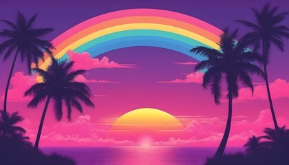 Naklejka premium Palm trees and rainbow 80s landscape in vaporwave style. Retrowave vacation background with tropical sunset and palms