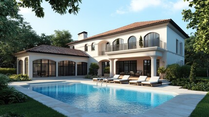 Fototapeta premium Beautiful digital rendering of a house featuring a front swimming pool, set against a realistic background, showcasing computer graphics excellence
