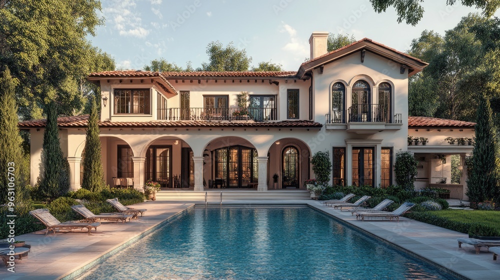 Poster beautiful house with a front swimming pool, depicted in a realistic digital rendering using advanced