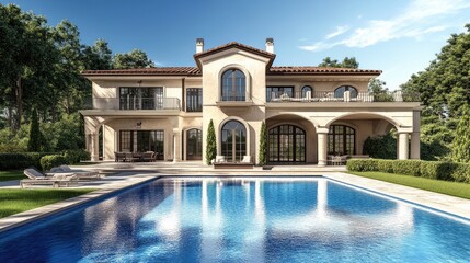 Digital rendering of a luxurious house with a swimming pool before it, featuring realistic computer graphics and background