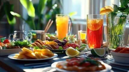 Fototapeta premium Digital rendering of a table set with vibrant healthy food and drinks, presented with high realism using advanced computer graphics