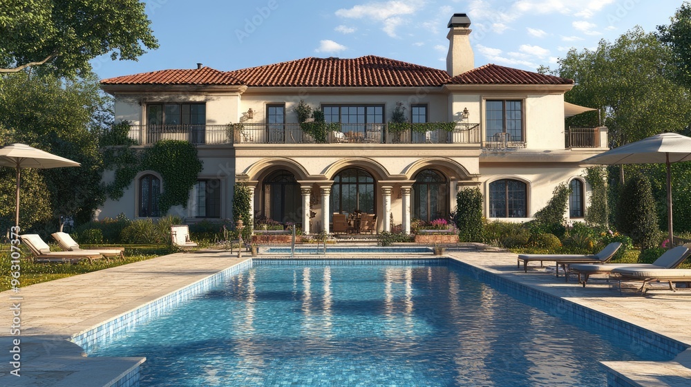 Poster digital rendering of an elegant house featuring a swimming pool in front, set against a realistic ba