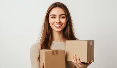 Smiling Woman Holding Cardboard Boxes for Shipping and Delivery