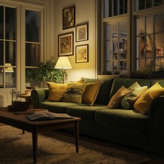 Photorealistic depiction of a cozy living room at night with a green sofa, yellow cushions, warm lighting, and framed pictures.