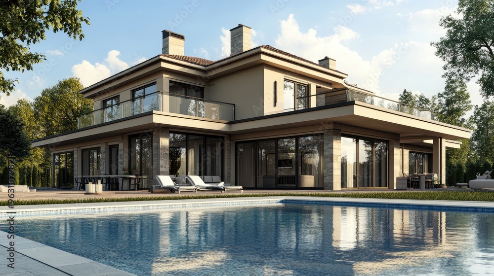Poster elegant house with a swimming pool in front, created using computer graphics, rendered digitally wit