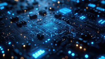 Obraz premium Close-Up of a High-Tech Circuit Board with Glowing Elements in a Futuristic Design