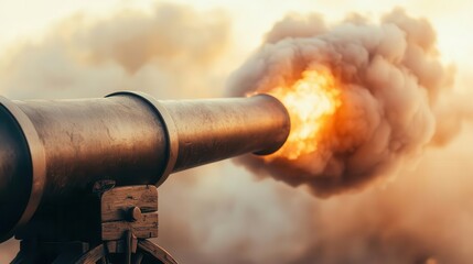 A pirate cannon firing with smoke and fire erupting from the barrel, pirate cannon, firing, smoke