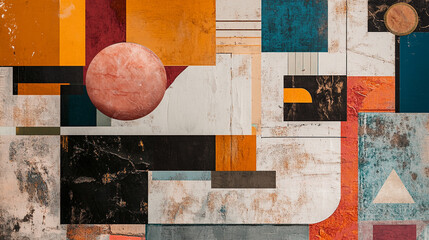 Collage of vintage and modern textures overlaid with abstract geometric shapes