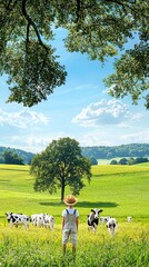 Fototapeta premium A child gazes at cows in a lush green pasture under a bright blue sky, surrounded by trees and nature's beauty.