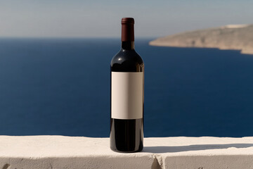Fototapeta premium Unlabeled Wine Bottle mock up on White Stone Railing, Light Caustics Reflections, wine bottle mockup. 