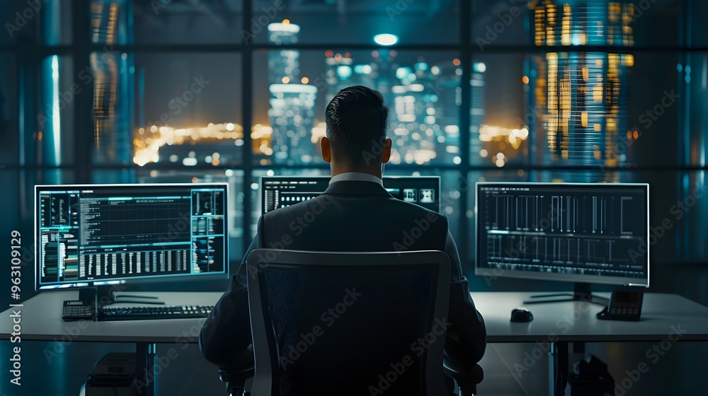 Poster security analyst using software to detect fraudulent activities in high tech office