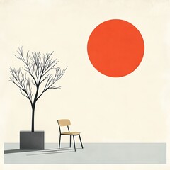 A minimalist scene featuring a lone chair, a barren tree, and a bold sun, evoking a sense of solitude and reflection.