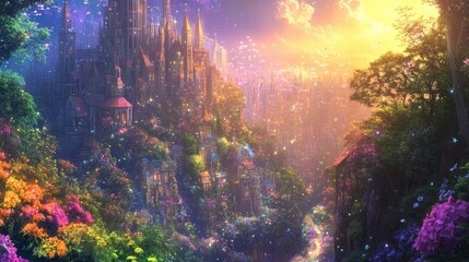 Imaginative landscape with rainbow-hued buildings, colorful flowers, and surreal forests blending harmoniously in a heaven-like world