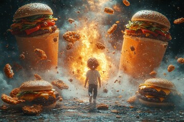 A 3D render of a child surrounded by large looming fast food items, creating a sense of being trapped