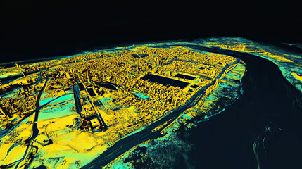 Fototapeta premium Technical aerial visual, 3D LiDAR GIS aerial map satellite scan model isolated, showing Lusaka, Zambia . Elevation, topography, render