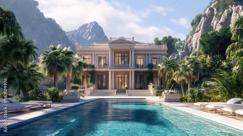 Fototapete Luxurious digitally rendered house with a front swimming pool, featuring realistic background and advanced computer graphics