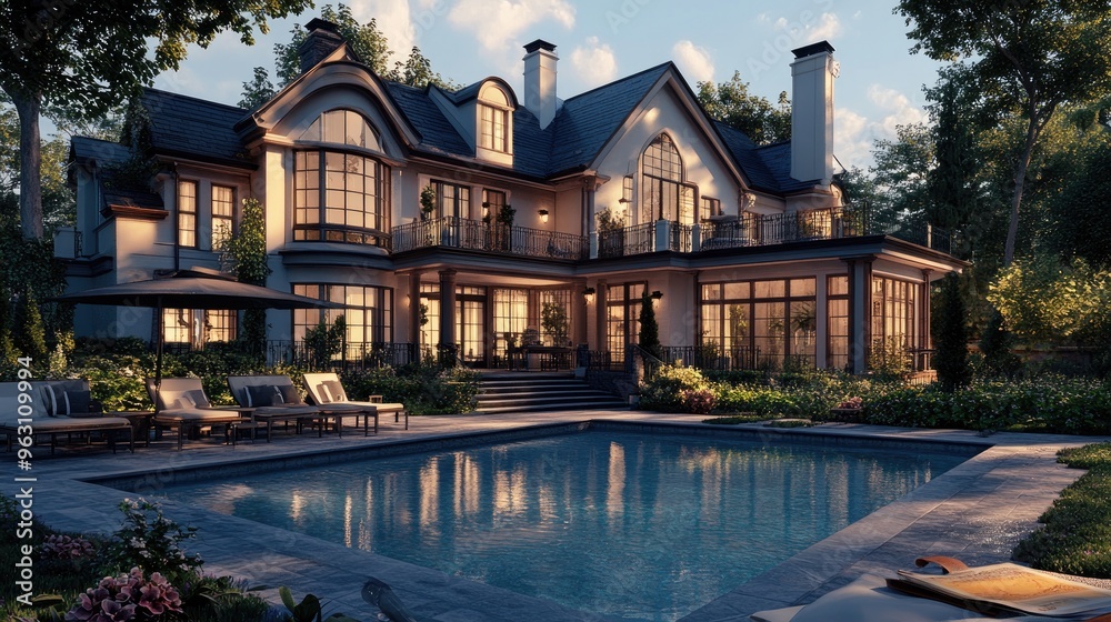 Fototapete Luxurious digitally rendered house with a front swimming pool, featuring realistic background and advanced computer graphics