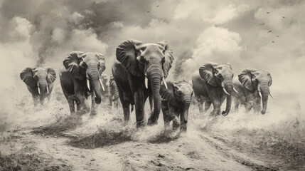 Fototapeta premium Herd of elephants crossing a dusty trail, with a baby elephant at the center, symbolizing family and protection