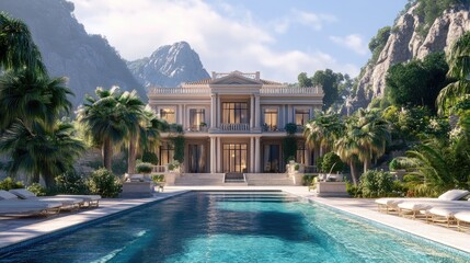 Luxurious digitally rendered house with a front swimming pool, featuring realistic background and advanced computer graphics