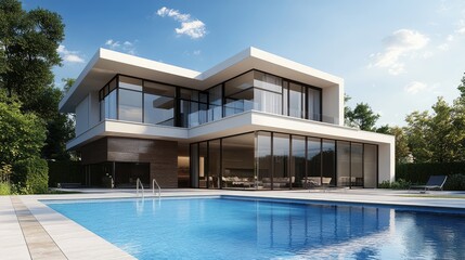 Fototapeta premium Luxurious modern house with a swimming pool before it, digitally rendered in high detail with realistic computer graphics