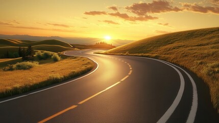 Endless highway, rolling hills, golden sunset, 3D illustration