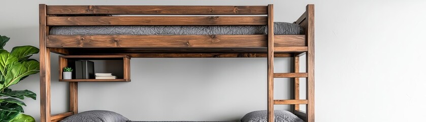 Stylish wooden loft bed with cozy bedding and a simple, modern design, perfect for small spaces and children's rooms.