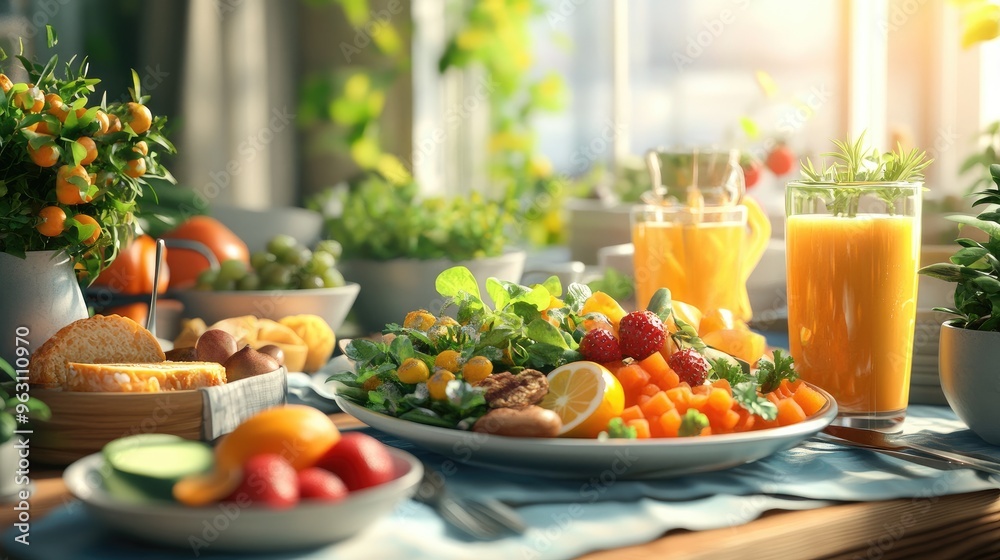 Poster plates of fresh, healthy food and drinks displayed on a table, created using computer graphics with 