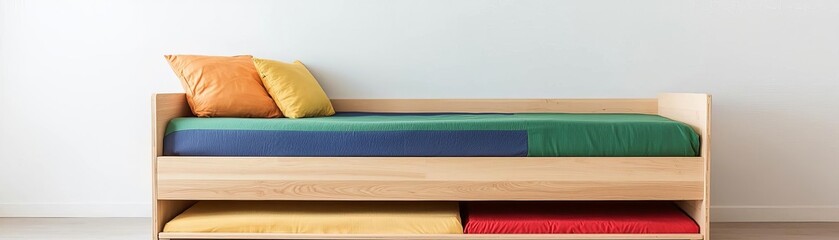 A modern wooden bed with colorful cushions, perfect for a cozy bedroom or playful children's room decor.