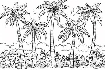 A tranquil scene featuring tall palm trees surrounded by lush foliage, illustrated in a detailed line art style.