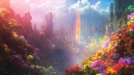 Fototapeta premium Rainbow-hued buildings and surreal forests blending with vibrant flowers in a dreamlike landscape, symbolizing harmony and diversity