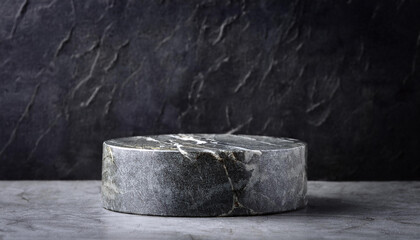 Marble podium with dark wall texture background. Pedestal for product display. Empty platform.