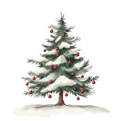 A beautifully decorated Christmas tree covered in snow with red ornaments, perfect for holiday celebrations and winter scenes.