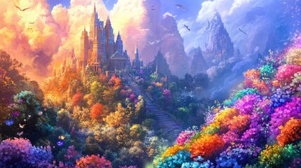 Rainbow-hued buildings and surreal forests blending with vibrant flowers in a dreamlike landscape, symbolizing harmony and diversity