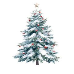 Fototapeta premium A beautifully decorated Christmas tree with snow, ornaments, and a shining star, perfect for holiday-themed projects.