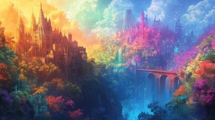 Rainbow-hued buildings, flowers, and surreal forests blending together in a vibrant, harmonious landscape of unity and diversity
