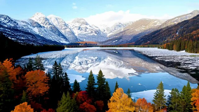 Autumn to winter transition in a mountainous landscape with a lake surrounded by vibrant fall foliage and snowy peaks.