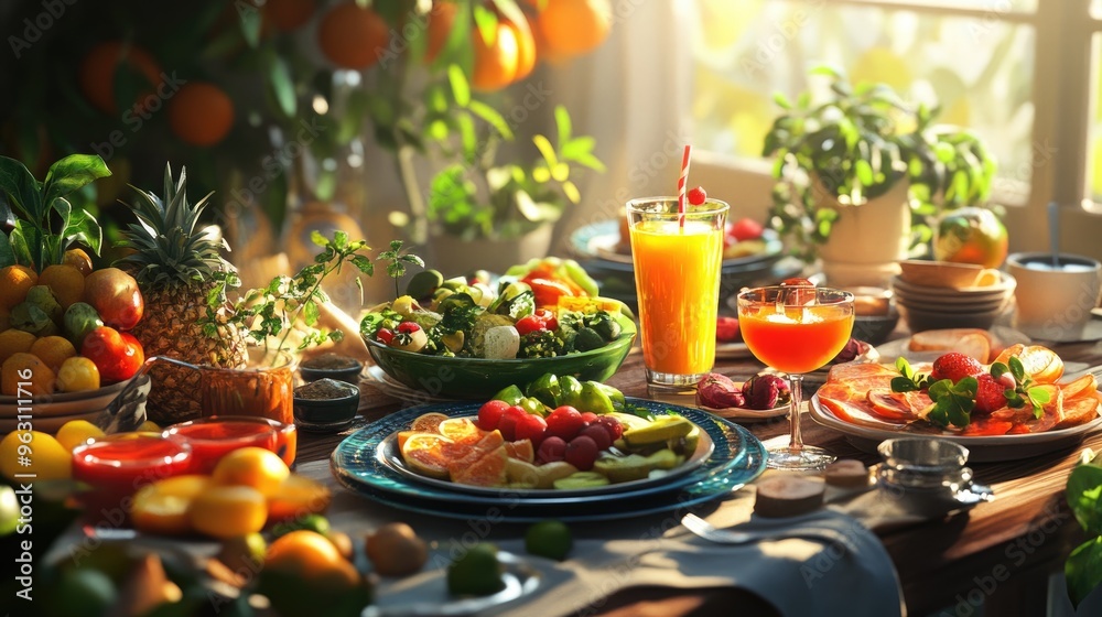Poster plates of fresh, healthy food and drinks displayed on a table, created using computer graphics with 