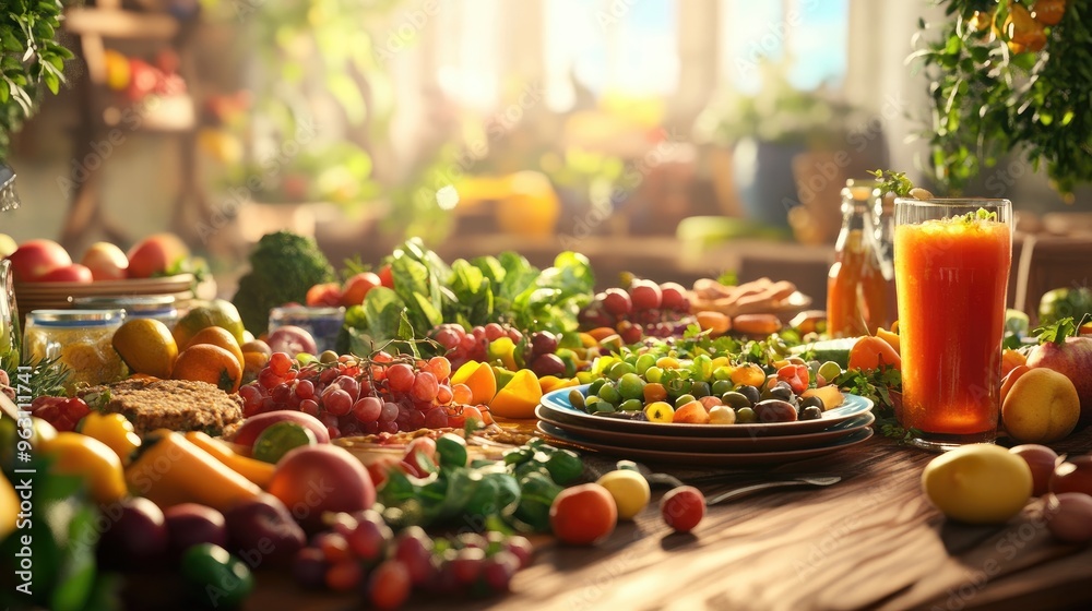 Poster plates of fresh, healthy food and drinks displayed on a table, created using computer graphics with 
