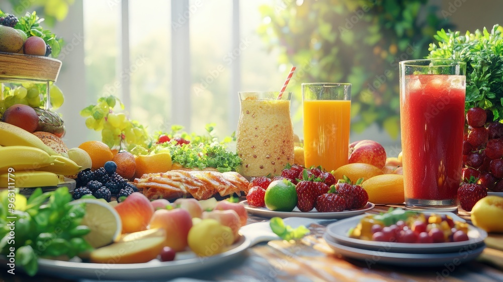 Poster plates of fresh, healthy food and drinks displayed on a table, created using computer graphics with 