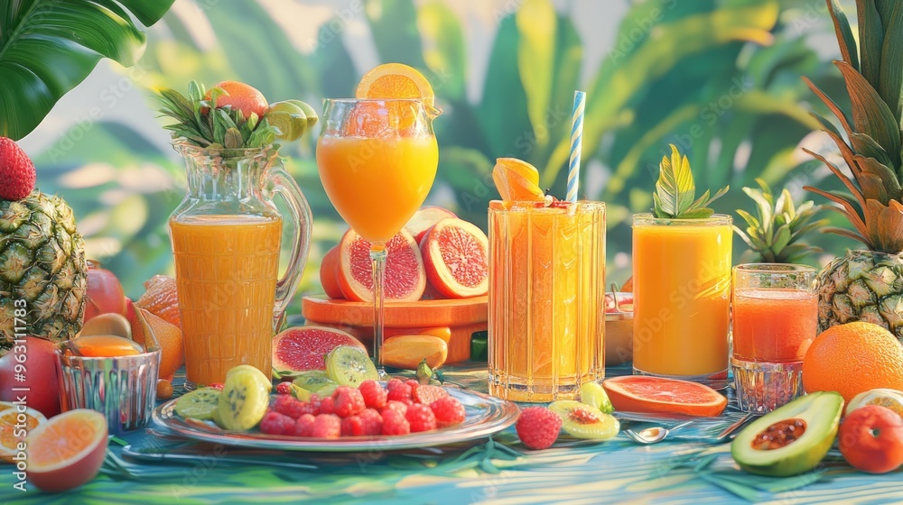 Poster plates of fresh, healthy food and drinks displayed on a table, created using computer graphics with 