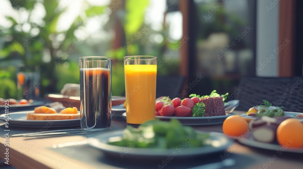 Poster plates of fresh, healthy food and drinks displayed on a table, created using computer graphics with 