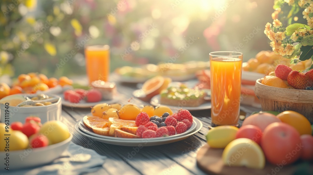 Poster plates of fresh, healthy food and drinks displayed on a table, created using computer graphics with 