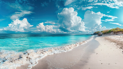 Obraz premium A beautiful beach with a palm tree in the background,