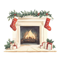 Fototapeta premium A cozy fireplace adorned with stockings and gifts, perfect for creating a warm holiday atmosphere.