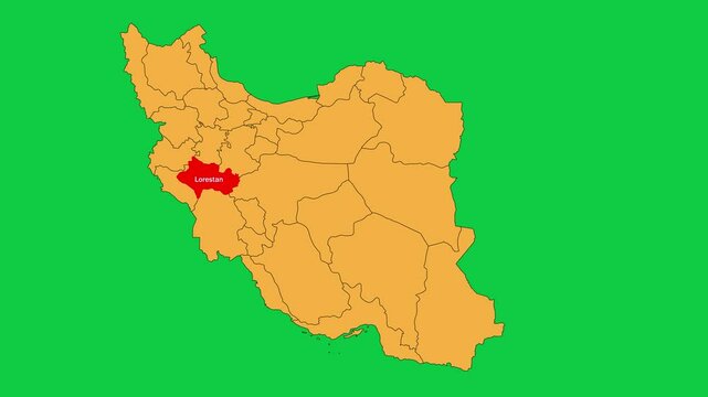 Lorestan map animated video. Lorestan Map Highlighted on the Iran map with animation and colour with Green screen background in video format.	