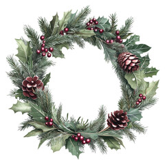 Beautiful holiday wreath adorned with pinecones and berries, perfect for festive decorations and seasonal celebrations.